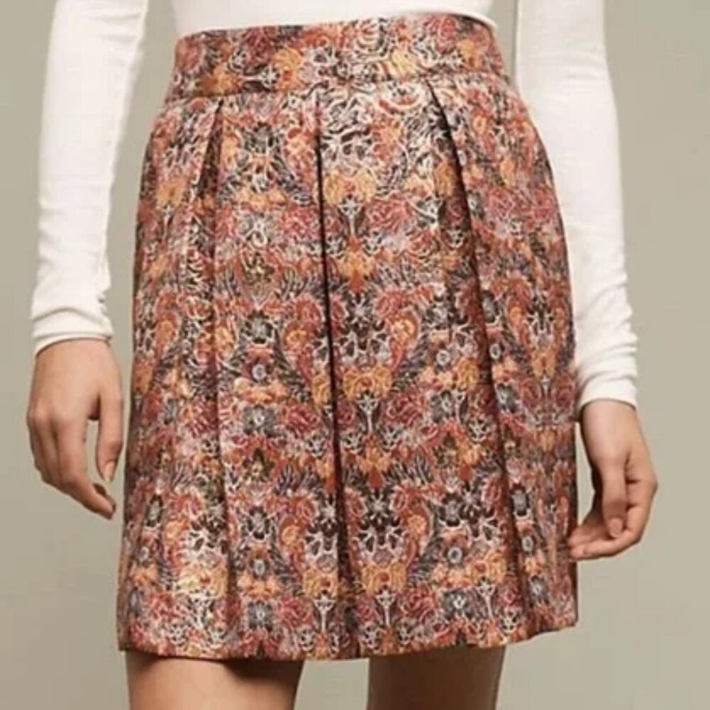 Anthropologie Maeve Pleated A-line Floral Skirt Medium Red Gold